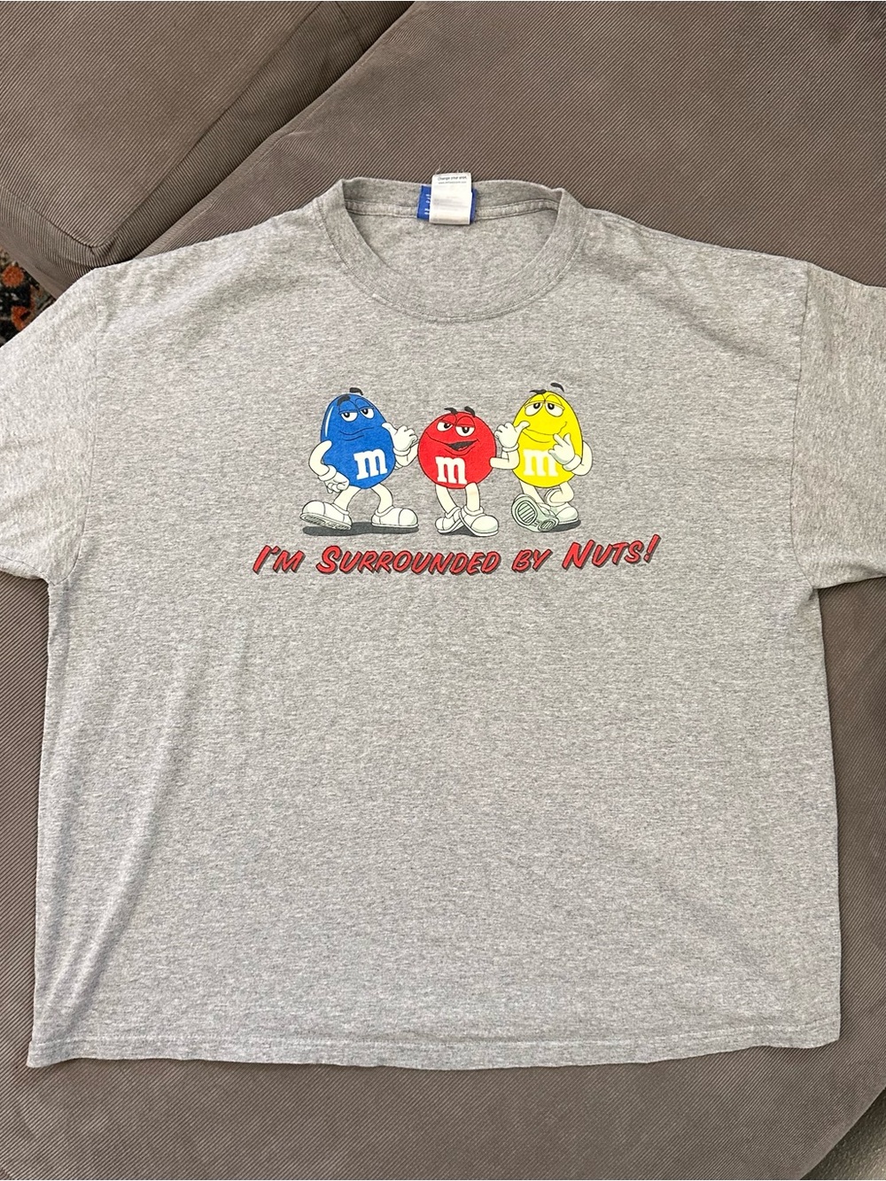 Vintage M&M Chocolate Shirt Mens XL Gray Blue Red Funny Surrounded By Nuts